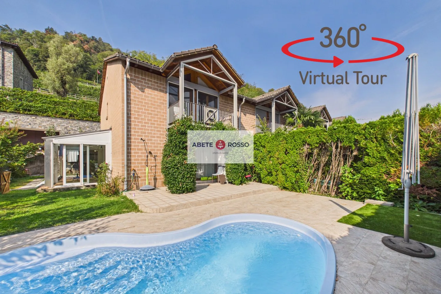 Casa a schiera di testa con giardino, piscina e veranda, in zona residenziale, vicino a Grancia