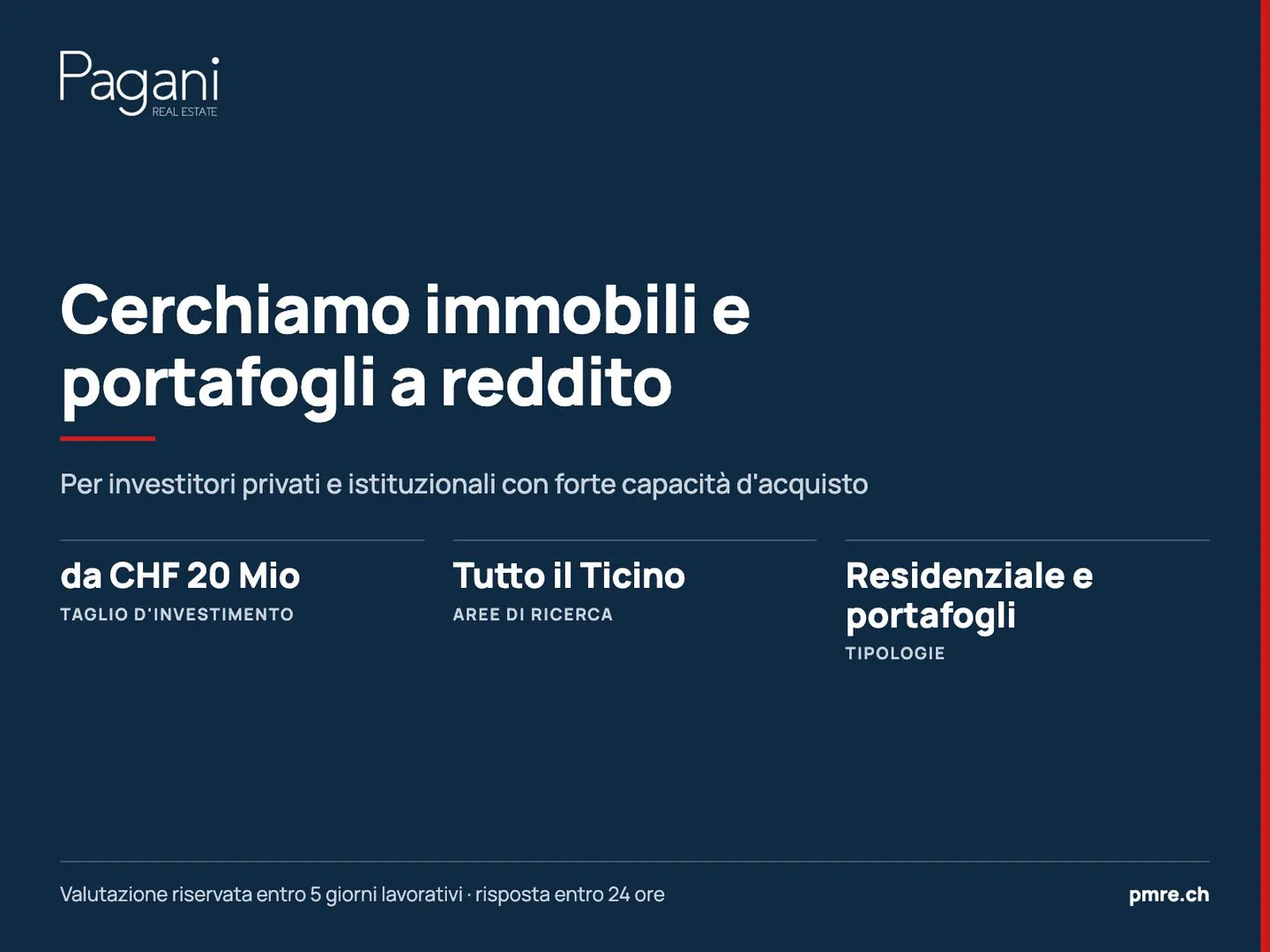 Nous recherchons des biens immobiliers et des portefeuilles de revenus d'une valeur de CHF 20 Mio dans tout le Tessin