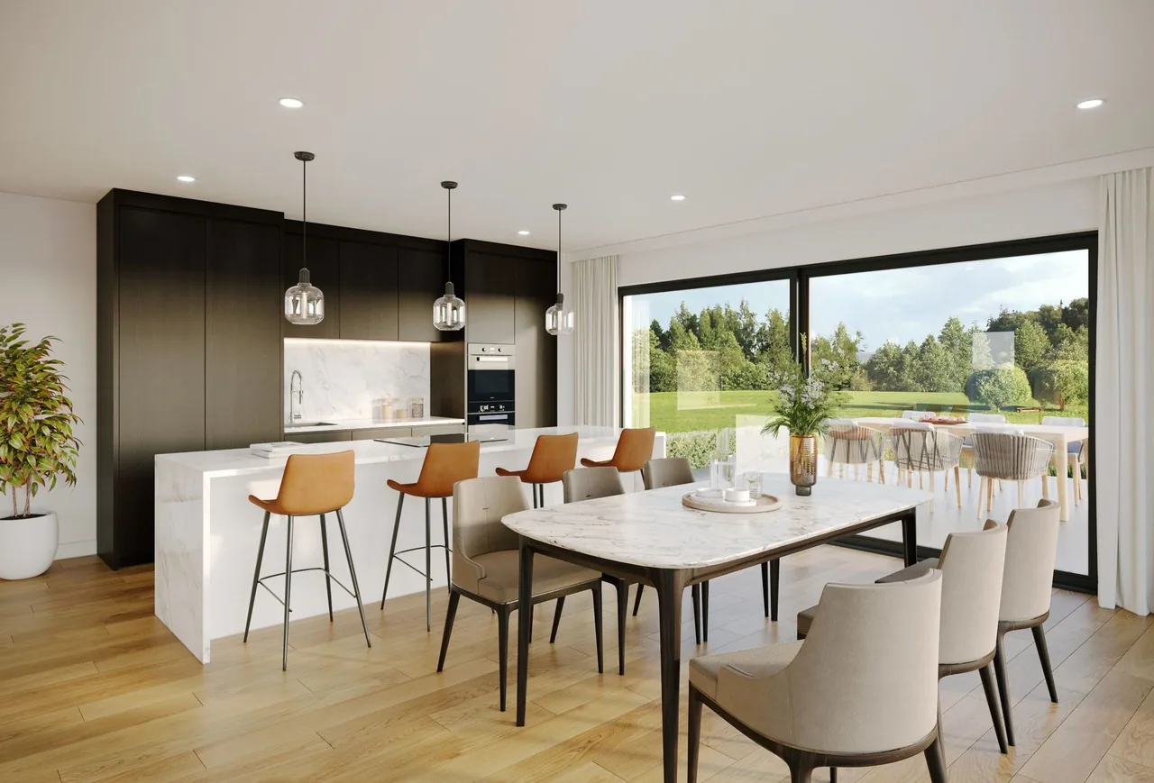 Villa neuve sur plan dans un espace verdoyant