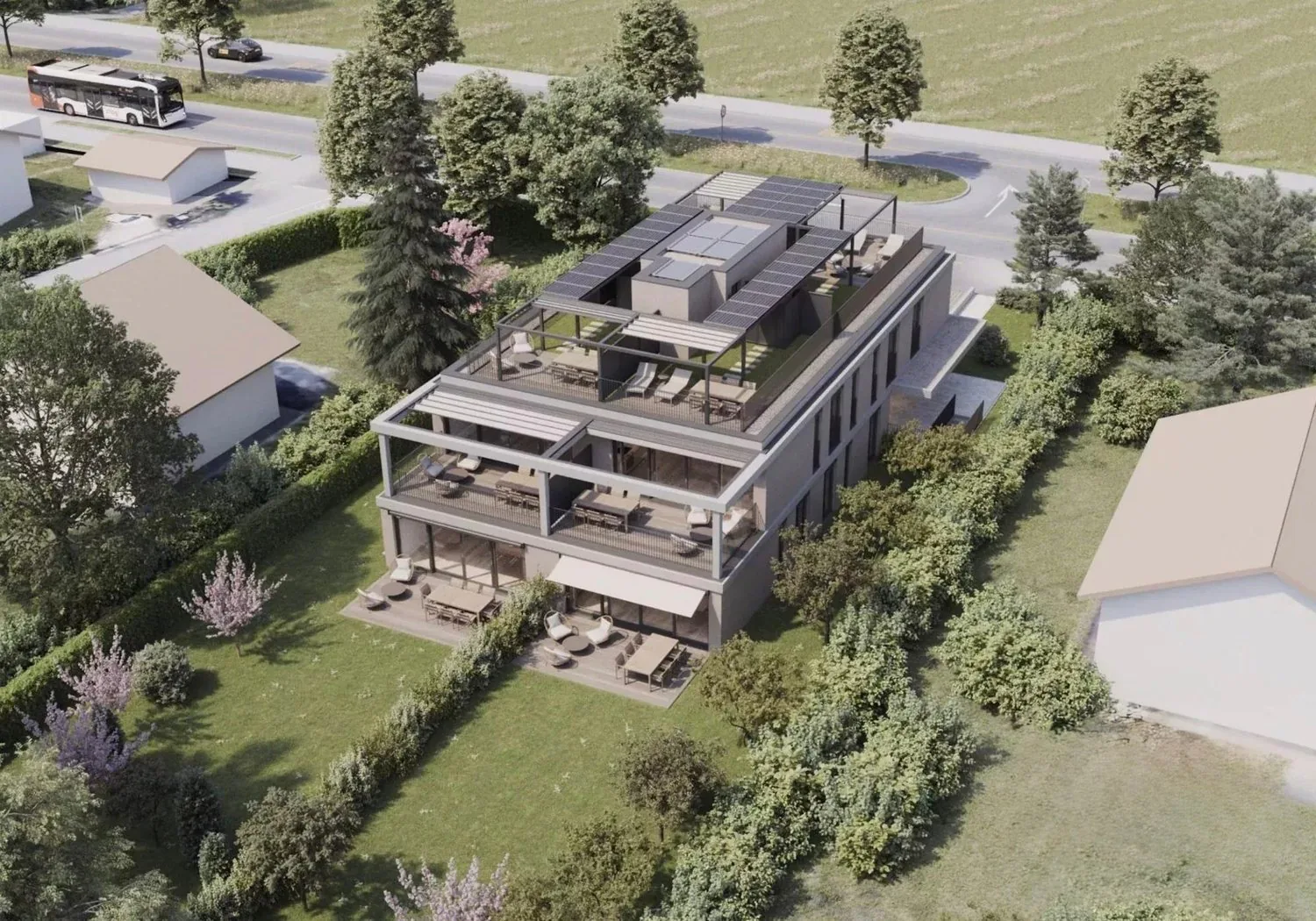 Moderne Wohnung mit Dachgarten und privatem Garten.
