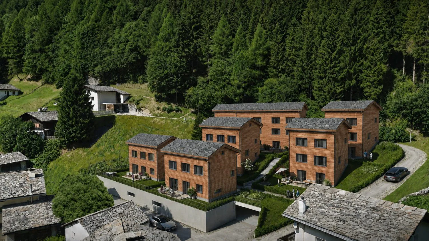 8 neue Einfamilienhäuser (B1) für den Erstwohnsitz. Zeitgemässer Holzbau, sorgfältig geplant im kleinen Ensemble Bim Chrützchappeli.